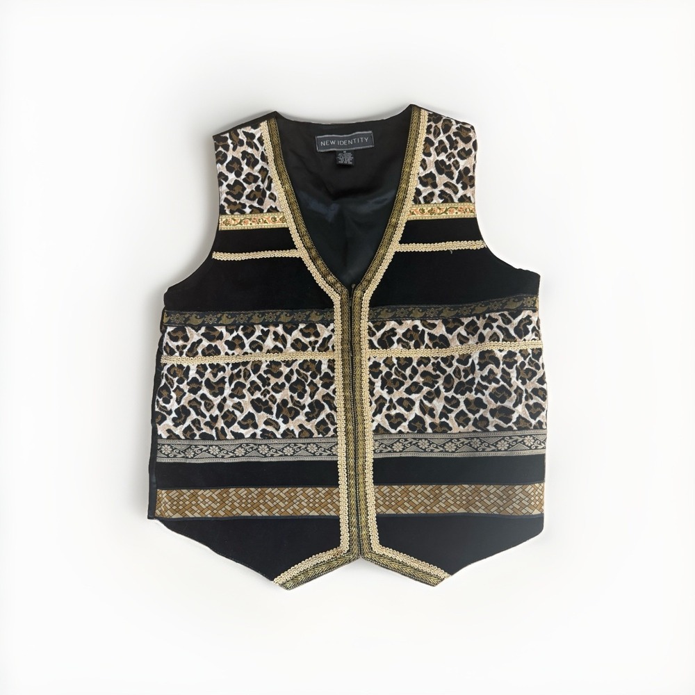 New Identity Leopard Print Gold Trim Sleeveless Vest 90s Medium Leather Blend